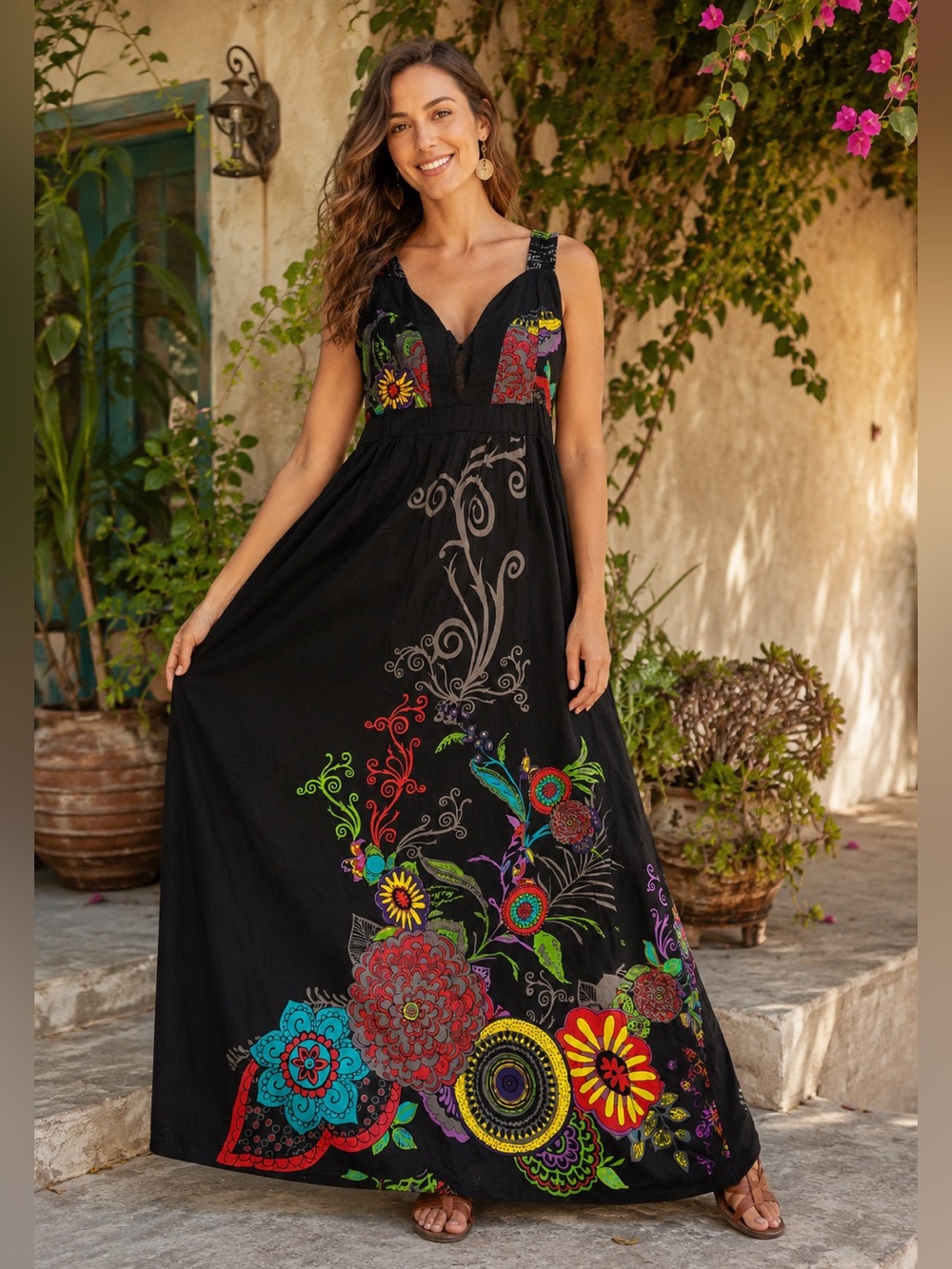 Elfarrow Black Multicolor Floral Print Cotton Maxi Dress Boho Festival Sundress